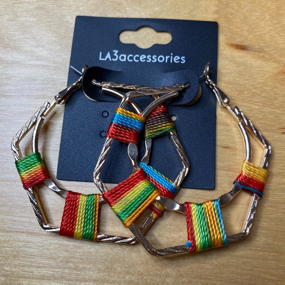 LA3 Accessories Rainbow Thread Woven & Hammered Gold Tone Earrings